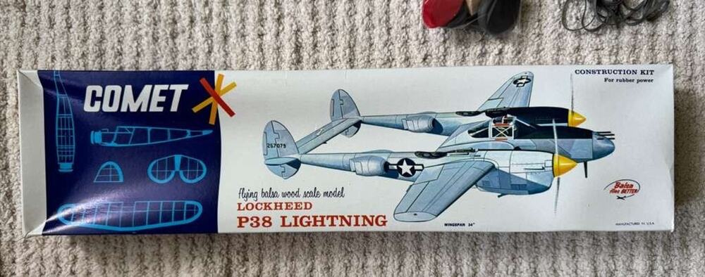 Vintage Comet Lockheed P-38 Lightning Balsa Wood Model Kit 34" Rubber Powered OB